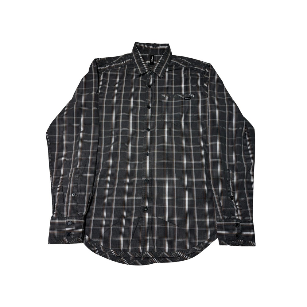 RVCA Mens Plaid Button Up Long Sleeve Shirt Brown Gray White Large